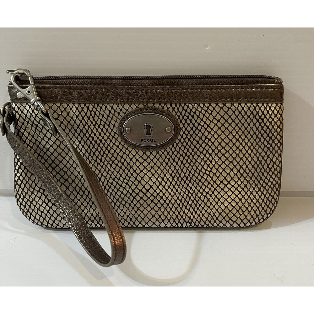 Fossil Wristlet Brown Metallic Faux Snake Cow Hide Leather Wallet Organizer